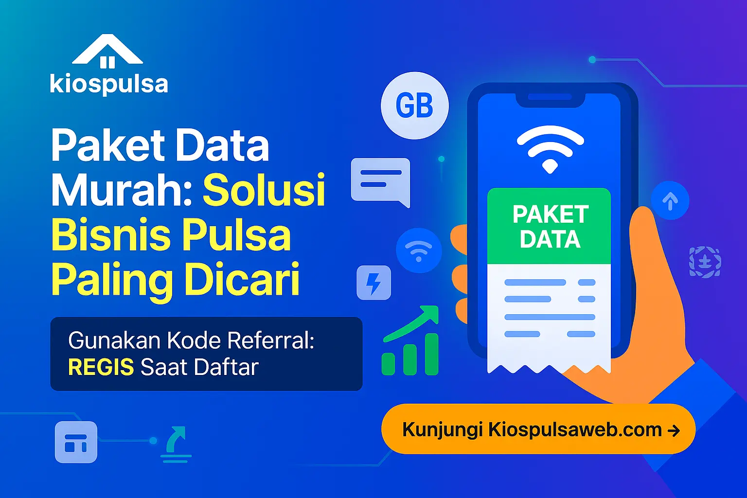 Ilustrasi paket data murah Kios Pulsa dengan berbagai ikon aplikasi digital