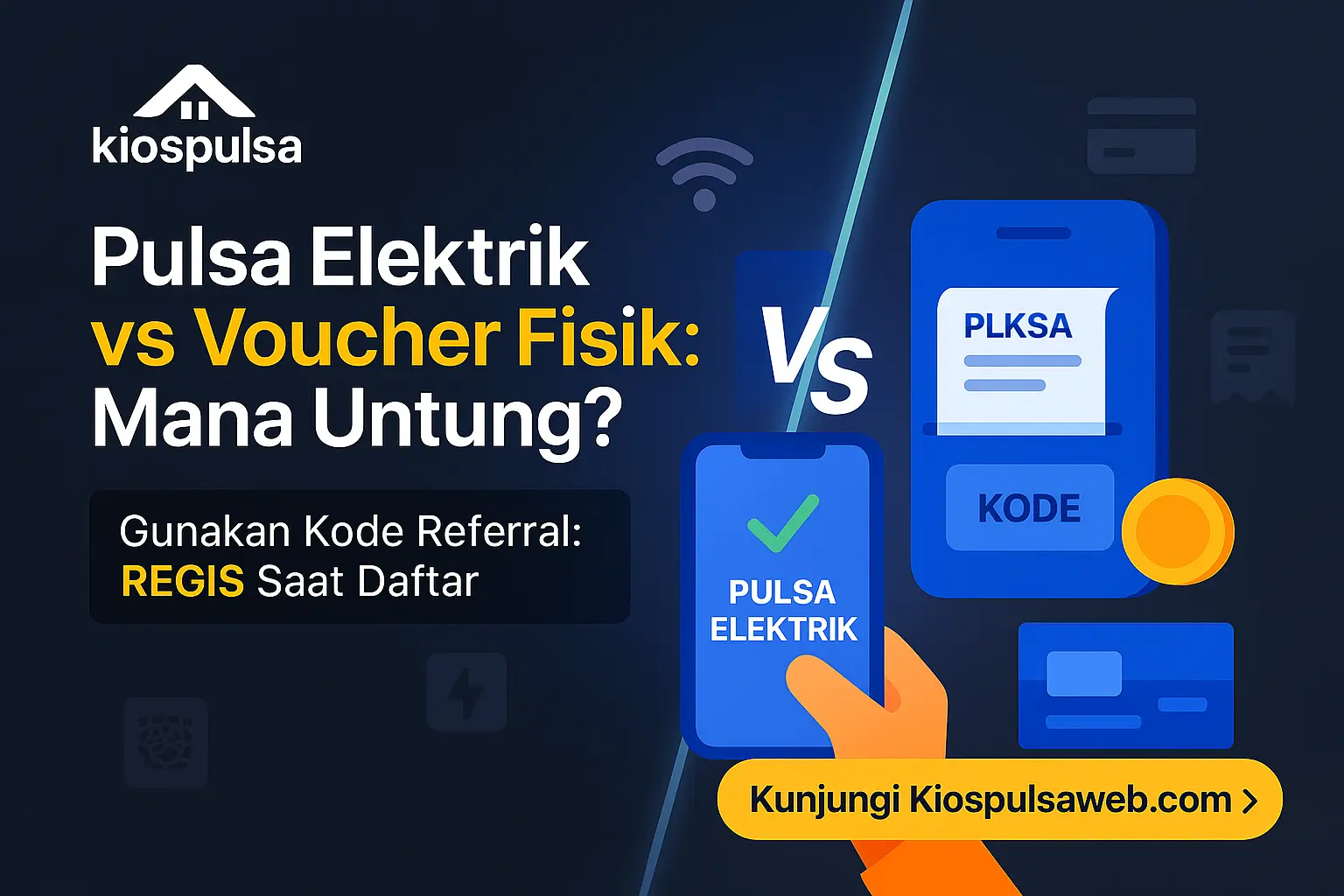 Ilustrasi perbandingan kartu pulsa fisik dan smartphone dengan logo pulsa elektrik